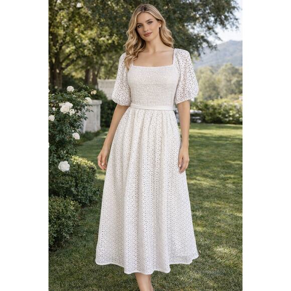 Kensie Dresses & Skirts - Kensie White Eyelet Midi Dress Smocked Cottagecore Puffy Sleeve in Size 14